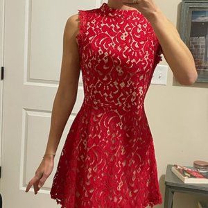Red Lace Fitted Mock Neck Skater Cocktail Dress Nude Underlay
